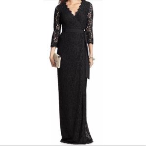 DVF Black Floral Lace Julianna Maxi Wrap Dress.